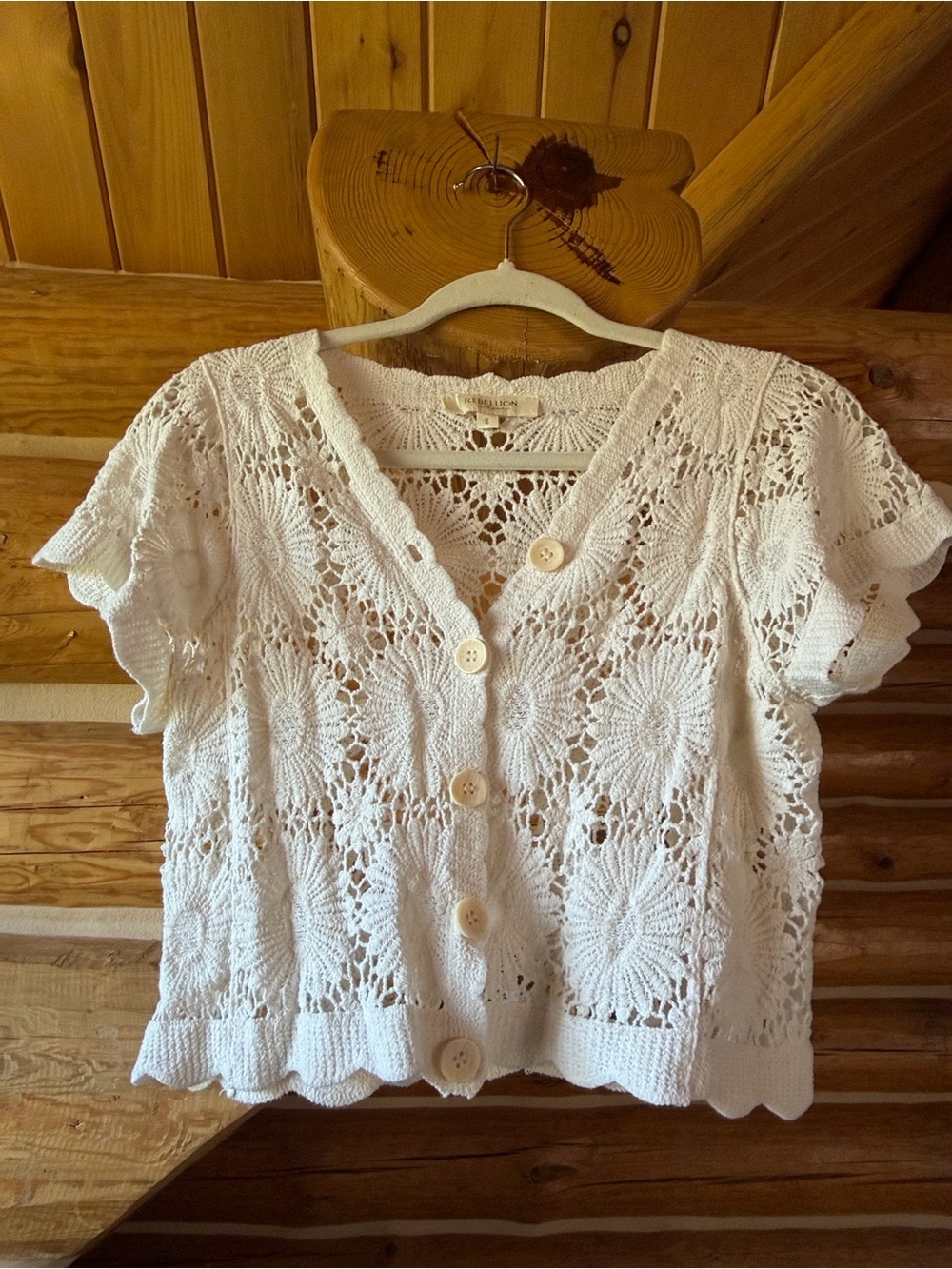 Rebellion White Crochet Button-Front Short Sleeve Top
